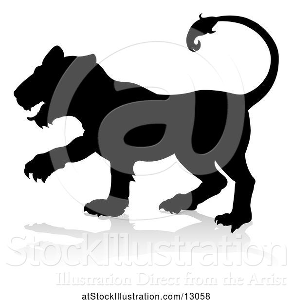 Vector Illustration of Silhouetted Lioness, with a Reflection or Shadow, on a White Background