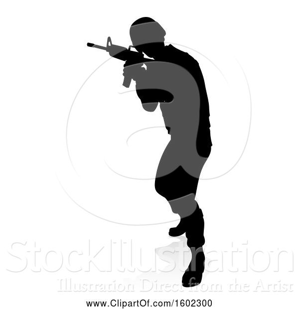 Vector Illustration of Silhouetted Male Armed Soldier, with a Reflection or Shadow, on a White Background