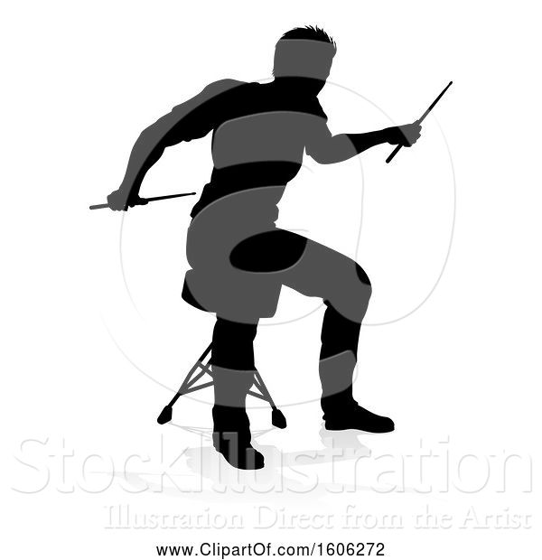Vector Illustration of Silhouetted Male Drummer, with a Reflection or Shadow, on a White Background