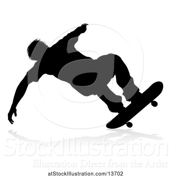 Vector Illustration of Silhouetted Male Skateboarder with a Reflection or Shadow, on a White Background