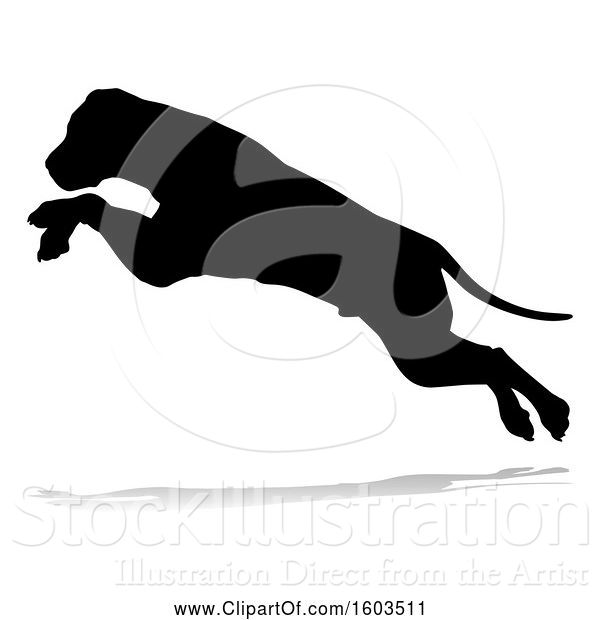Vector Illustration of Silhouetted Mastiff Dog Jumping, with a Reflection or Shadow, on a White Background