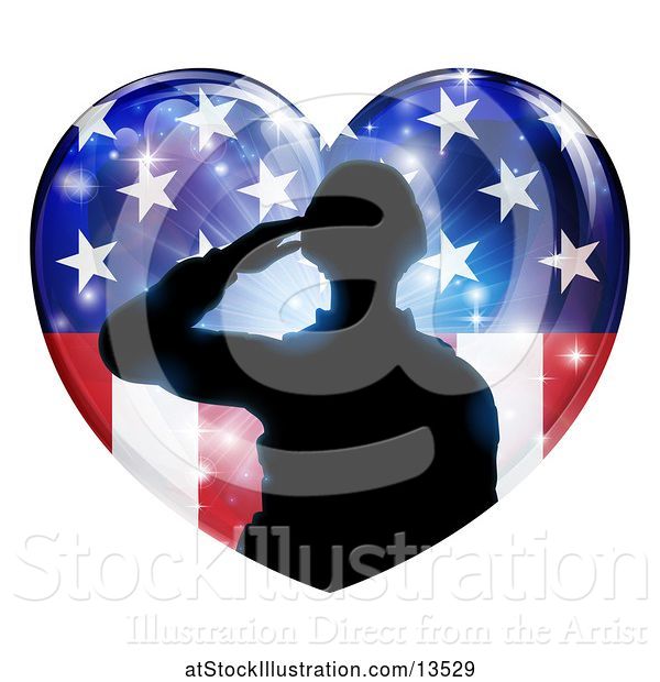 Vector Illustration of Silhouetted Military Veteran or Soldier Saluting in an American Themed Flag Heart