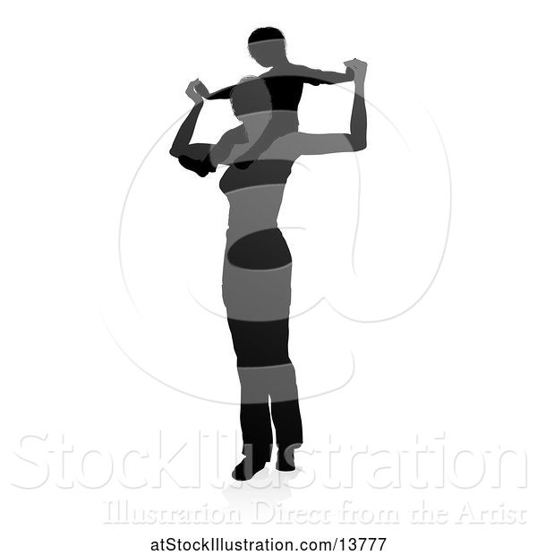 Vector Illustration of Silhouetted Mother Carrying Her Son on Her Shoulders, with a Shadow on a White Background