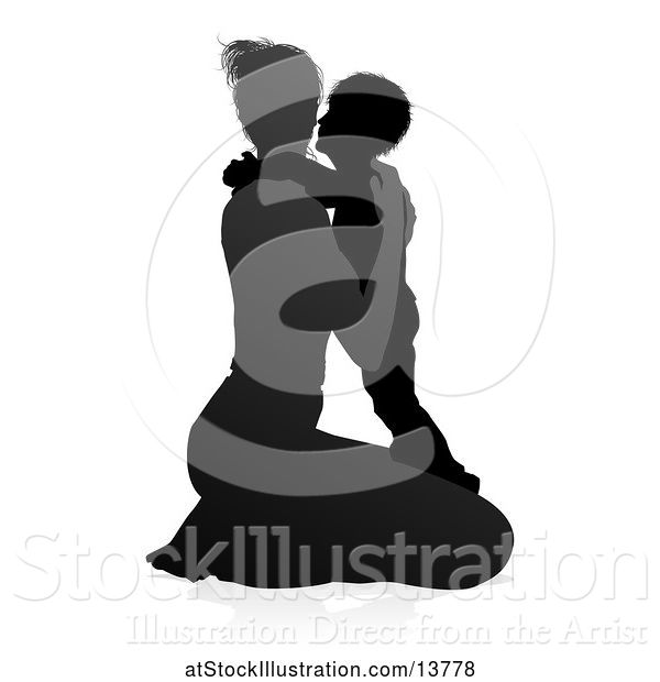 Vector Illustration of Silhouetted Mother Kneeling and Hugging Her Son, with a Shadow on a White Background