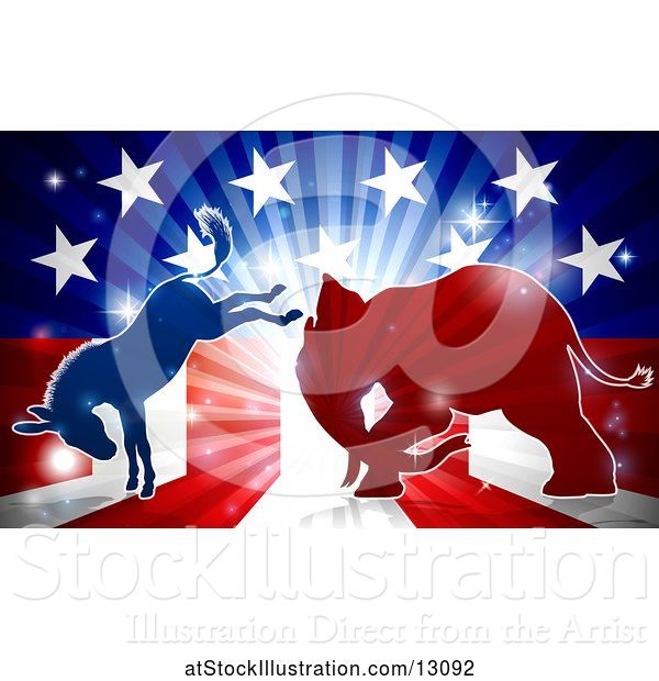 Vector Illustration of Silhouetted Political Democratic Donkey and Republican Elephant Fighting over an American Design and Burst