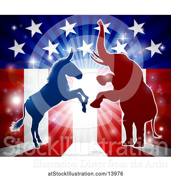 Vector Illustration of Silhouetted Rearing Political Democratic Donkey and Republican Elephant over an American Design and Burst