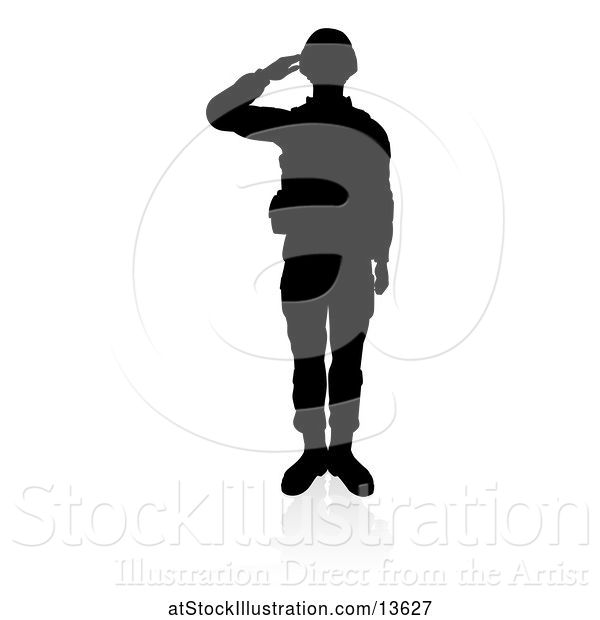 Vector Illustration of Silhouetted Soldier Saluting, with a Reflection or Shadow, on a White Background