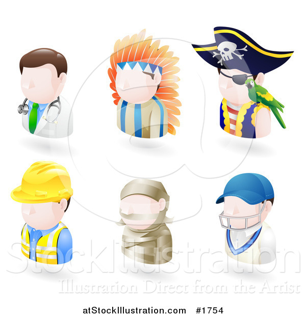 Vector Illustration of Six Avatar People; Doctor, Native American, Pirate, Contractor, Mummy and a Cricket Player