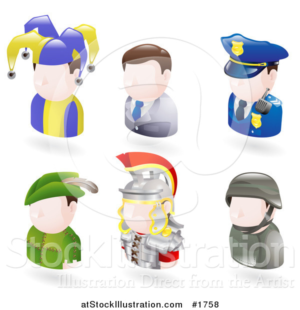 Vector Illustration of Six Avatar People; Jester, Businessman, Police Officer, Robin Hood, Roman Soldier, and a Modern Soldier