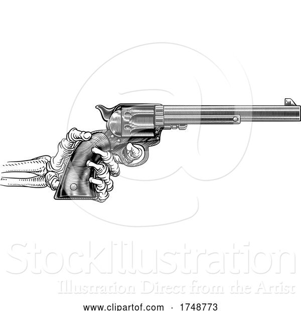Vector Illustration of Skeleton Hand Western Cowboy Gun Pistol Woodcut