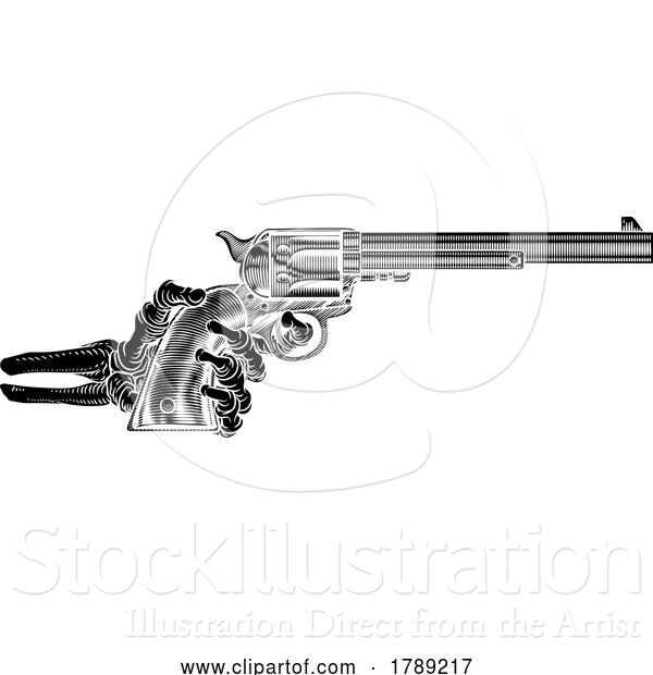 Vector Illustration of Skeleton Hand Western Cowboy Gun Pistol Woodcut