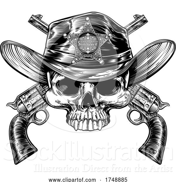 Vector Illustration of Skull and Crossed Pistols Sheriff