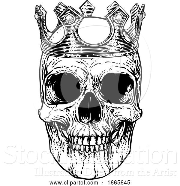 Vector Illustration of Skull Human Skeleton King Wearing Royal Crown