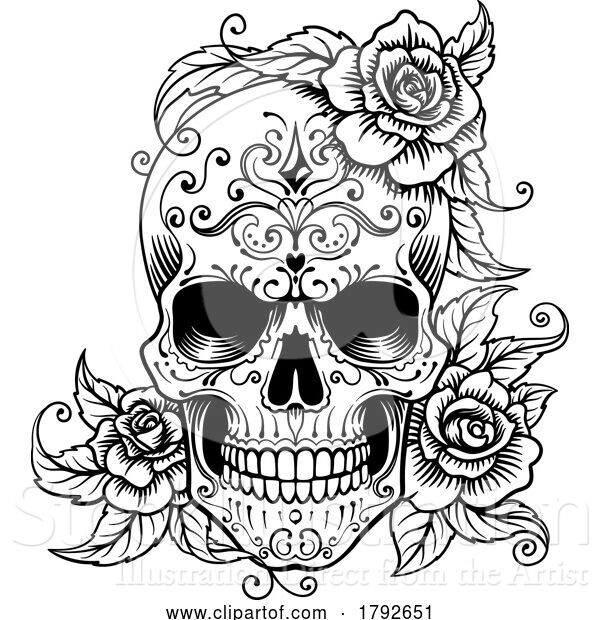 Vector Illustration of Skull Roses Abstract Pattern Tattoo Design