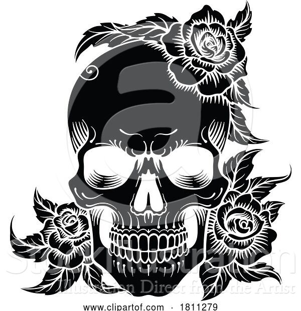 Vector Illustration of Skull Roses Engraved Woodcut Etching Tattoo Design