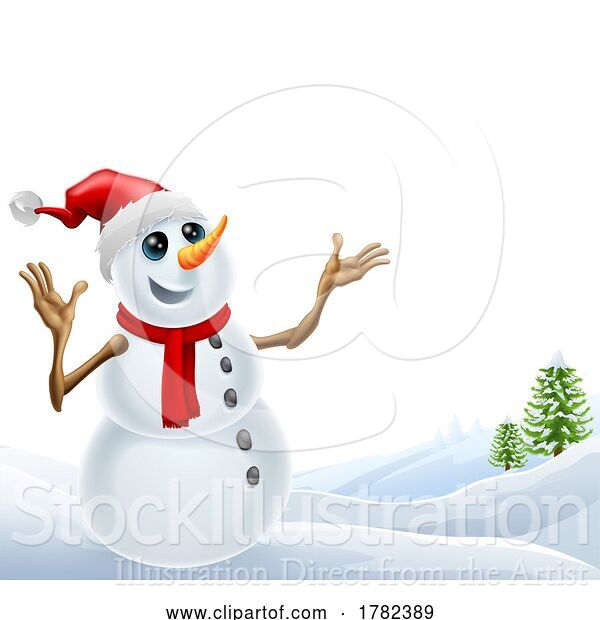 Vector Illustration of Snowman Christmas Snow Landscape Scene
