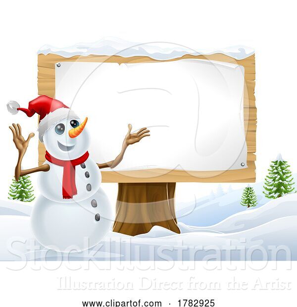 Vector Illustration of Snowman Christmas Snow Sign Landscape Scene