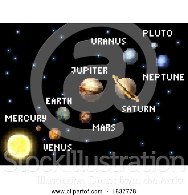 Vector Illustration of Solar System 8 Bit Arcade Video Game Pixel Art