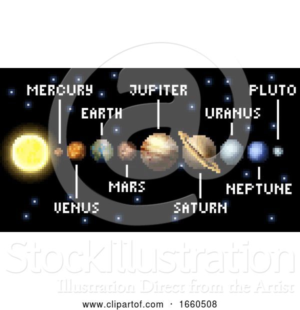 Vector Illustration of Solar System 8 Bit Arcade Video Game Pixel Art