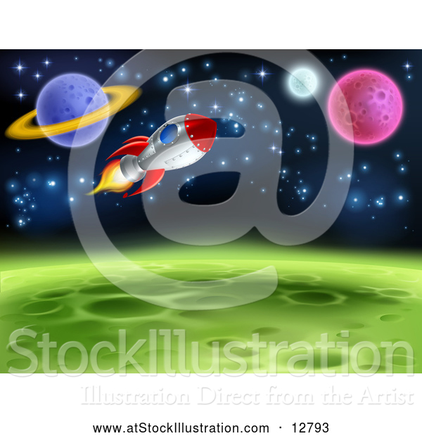 Vector Illustration of Space Rocket Travel near Planets and Stars