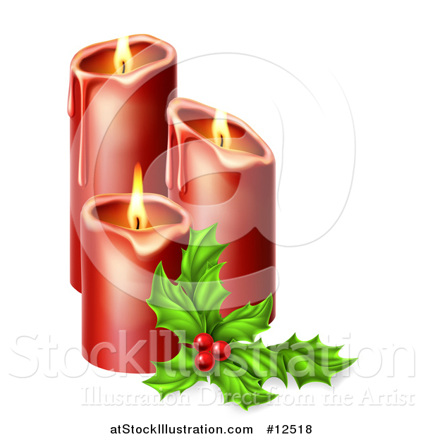 Vector Illustration of Sprig of Holly Beside Lit Christmas Candles