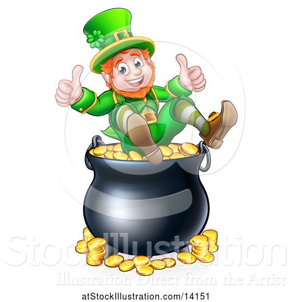 Vector Illustration of St Patricks Day Leprechaun Giving Two Thumbs up on Top of a Pot of Gold