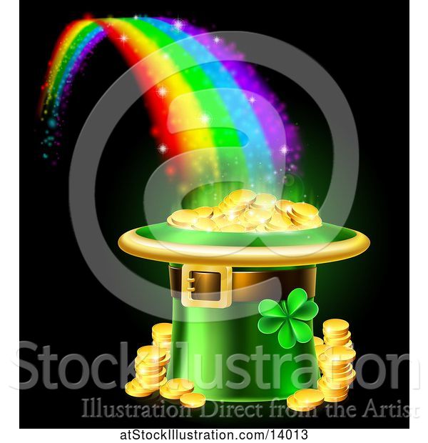 Vector Illustration of St Patricks Day Leprechaun Hat Full of Gold Coins at the End of a Rainbow, on Black