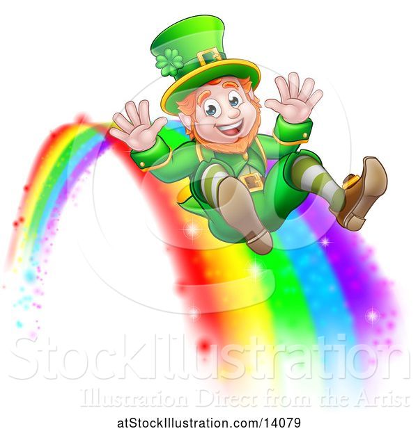 Vector Illustration of St Patricks Day Leprechaun Riding a Rainbow