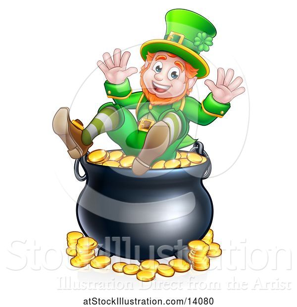 Vector Illustration of St Patricks Day Leprechaun Sitting on Top of a Pot of Gold