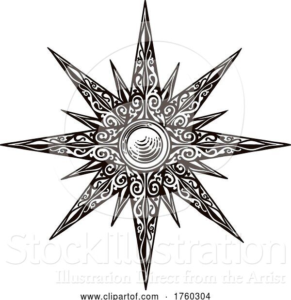 Vector Illustration of Star Sun Old Vintage Style Engraved Compass Rose