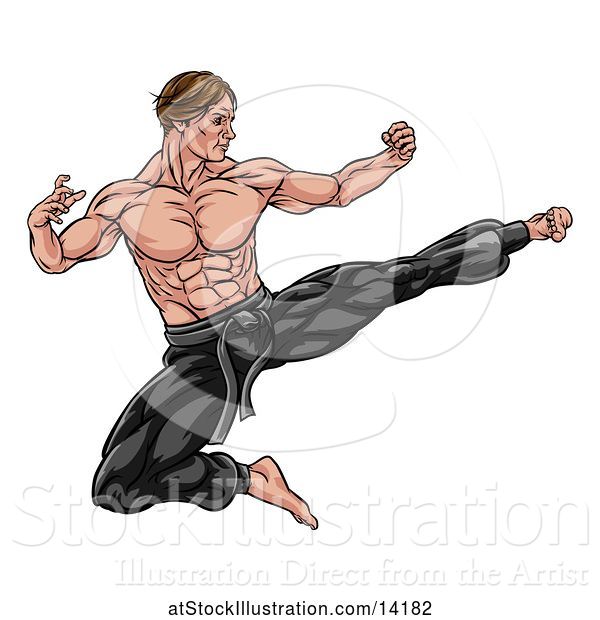 Vector Illustration of Strong Muscular Male Martial Artist Kicking