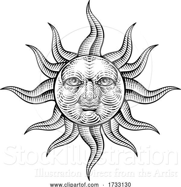 Vector Illustration of Sun Face Woodcut Drawing Retro Vintage Engraving