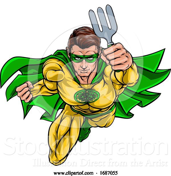 Vector Illustration of Super Gardener Superhero Holding Garden Fork