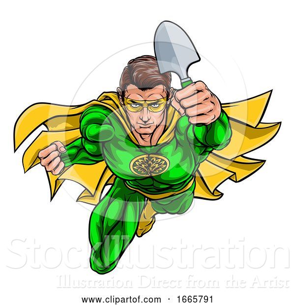 Vector Illustration of Super Gardener Superhero Holding Garden Spade