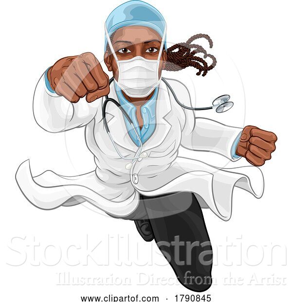 Vector Illustration of Super Hero Black Lady Doctor Flying Superhero