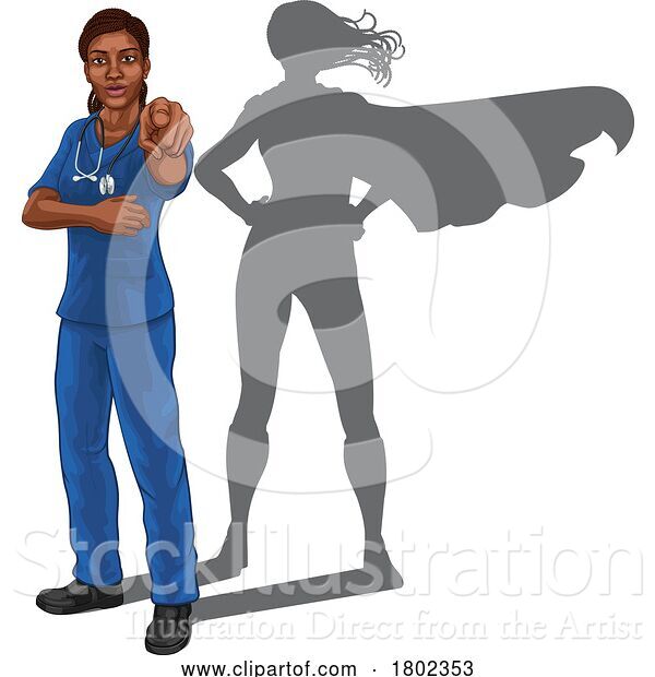 Vector Illustration of Super Hero Black Lady Doctor or Nurse Pointing