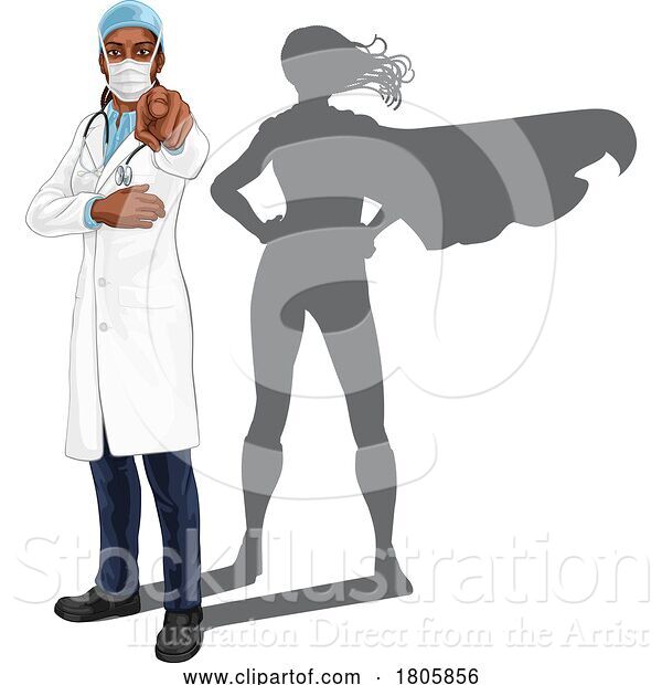 Vector Illustration of Super Hero Black Lady Doctor Superhero Pointing
