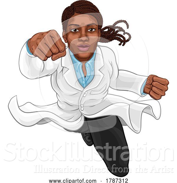 Vector Illustration of Super Hero Black Lady Scientist Flying Superhero