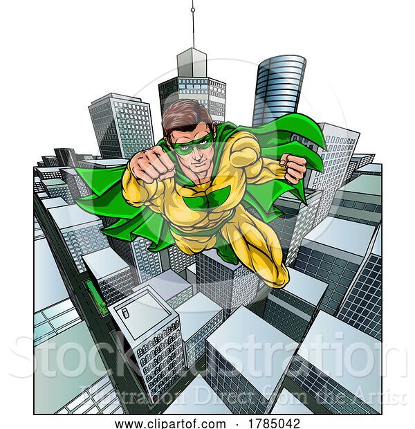 Vector Illustration of Super Hero Flying City Comic Book Superhero Pose