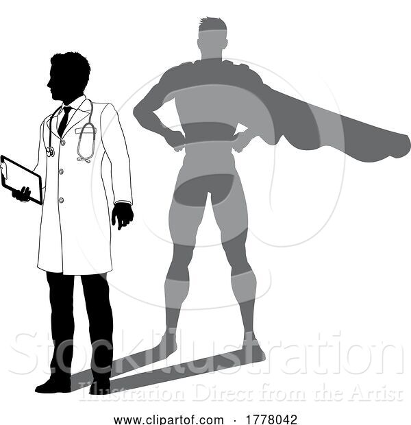 Vector Illustration of Superhero Doctor with Super Hero Shadow Silhouette