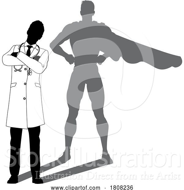 Vector Illustration of Superhero Doctor with Super Hero Shadow Silhouette