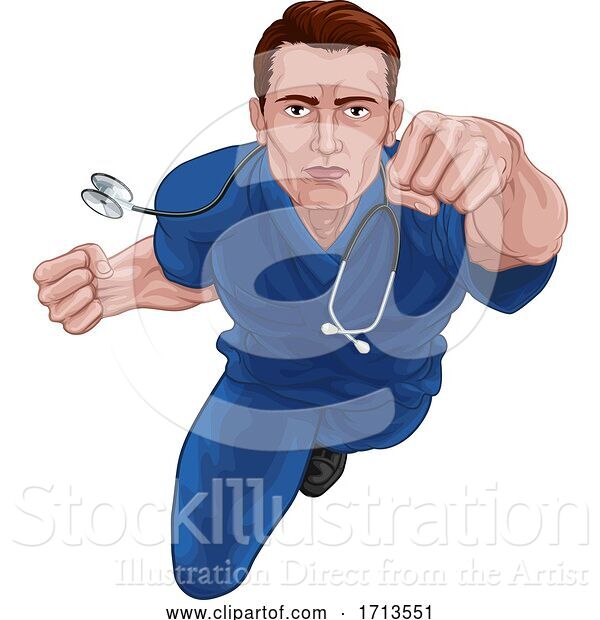Vector Illustration of Superhero Nurse Doctor in Scrubs Flying Super Hero