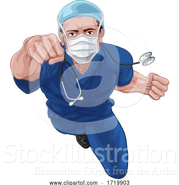 Vector Illustration of Superhero Nurse Doctor in Scrubs Flying Super Hero