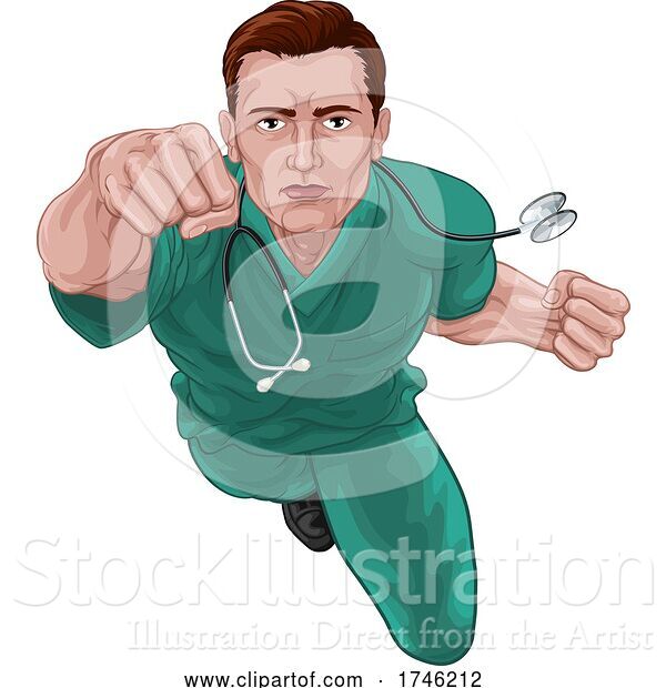 Vector Illustration of Superhero Nurse Doctor in Scrubs Flying Super Hero