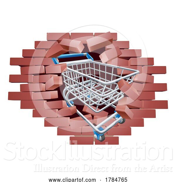 Vector Illustration of Supermarket Shopping Cart Trolley Breaking Wall