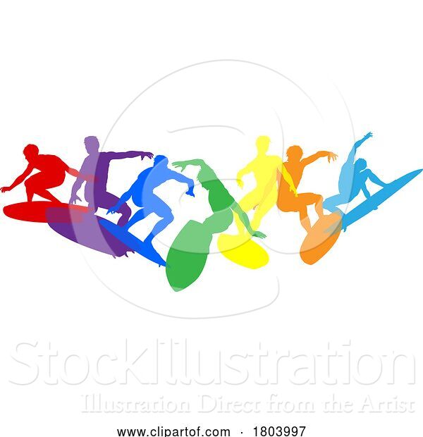 Vector Illustration of Surfers Surfing on Surf Boards Silhouettes Concept