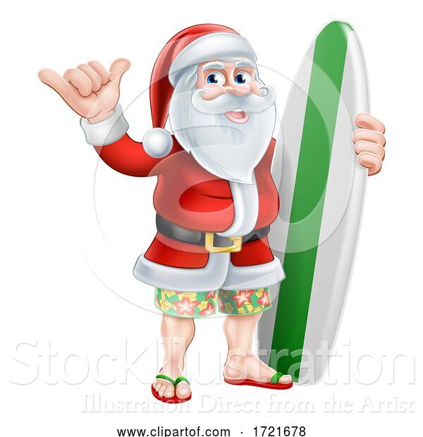 Vector Illustration of Surfing Santa Shaka Hand Christmas