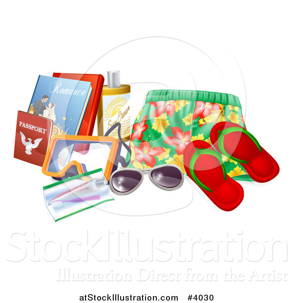 Vector Illustration of Swim Trunks, Sandals, Sunglasses, Passports, Books and Other Vacation Items