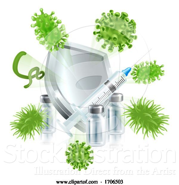 Vector Illustration of Syringe and Vial Vaccine Shield Protection Concept