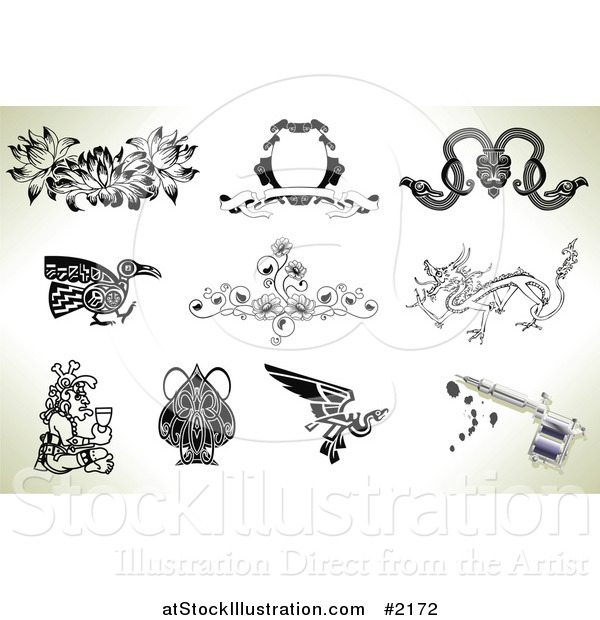 Vector Illustration of Tattoo Designs and Gun